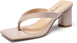 vivianly Women's Square Toe Thong Heels Slip On Mules Backless Chunky Heel Slippers