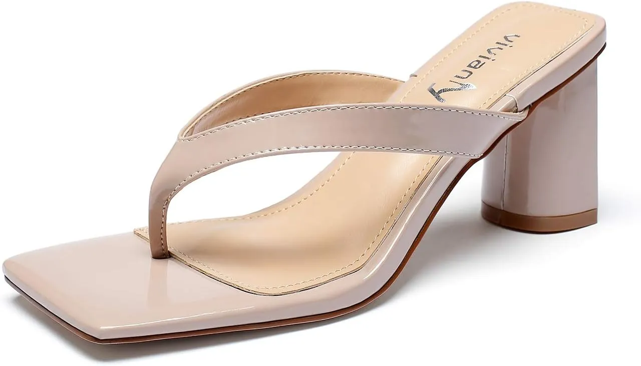 vivianly Women's Square Toe Thong Heels Slip On Mules Backless Chunky Heel Slippers
