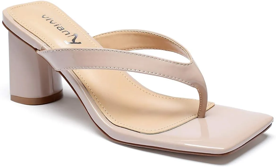 vivianly Women's Square Toe Thong Heels Slip On Mules Backless Chunky Heel Slippers