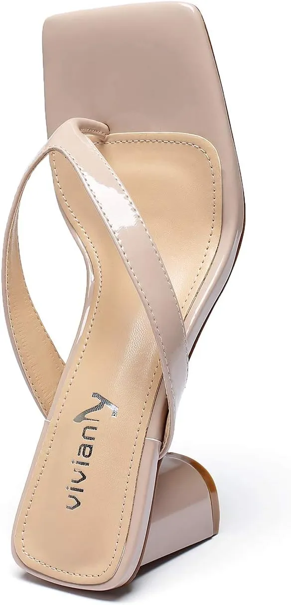 vivianly Women's Square Toe Thong Heels Slip On Mules Backless Chunky Heel Slippers