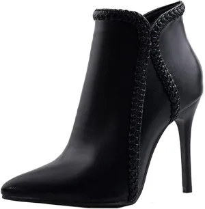 VOKLIN Women's Pointed Toe Stiletto High Heel Dressy Ankle Boots Fashion Braid Zipper Elegant Short Booties