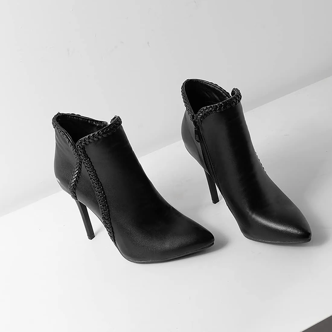 VOKLIN Women's Pointed Toe Stiletto High Heel Dressy Ankle Boots Fashion Braid Zipper Elegant Short Booties