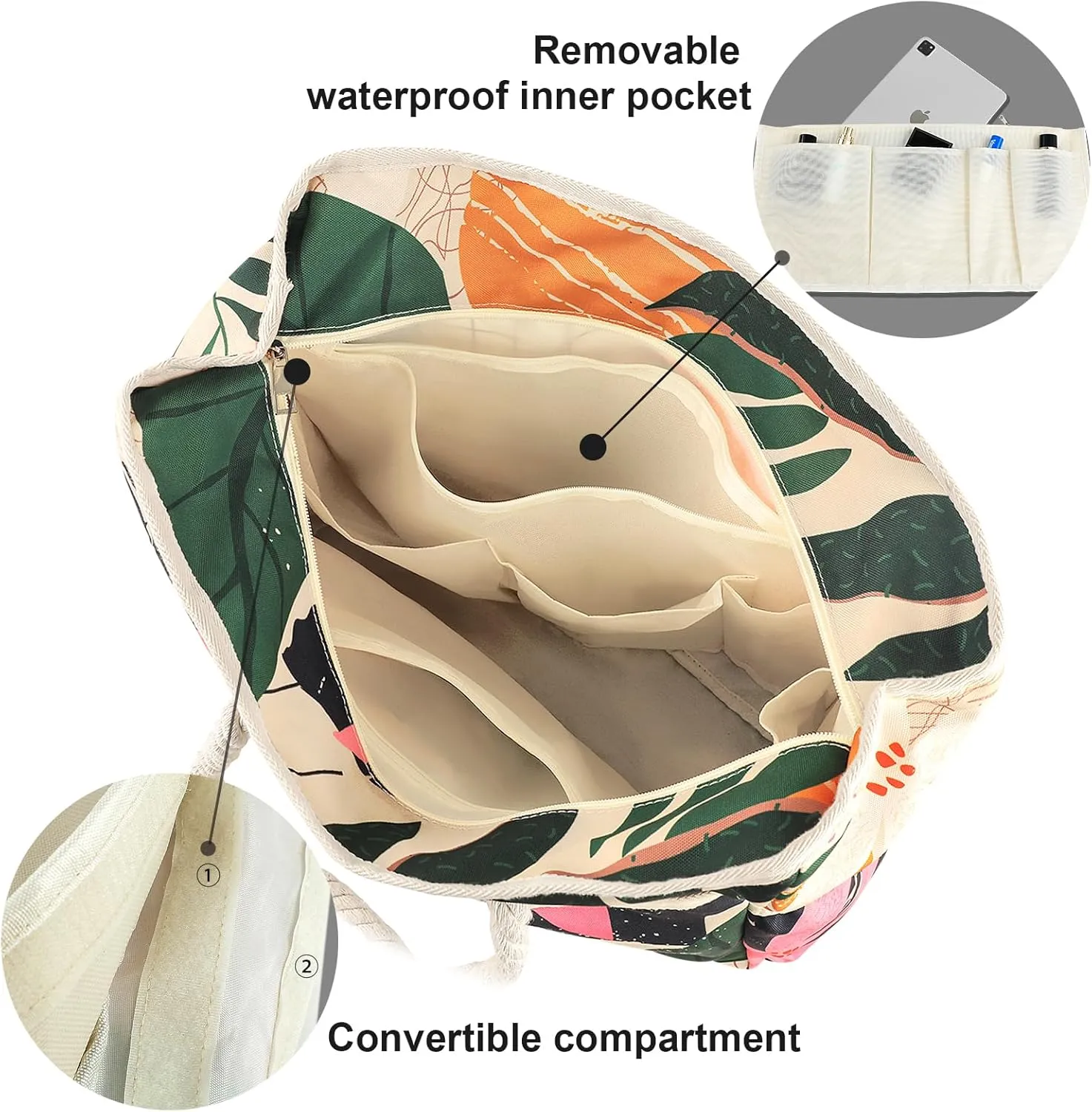 Vomgomfom 30L Large Beach Bag with Removable Wet Compartment, 14 Pockets, Waterproof Sandproof Pool Tote with Zipper Closure