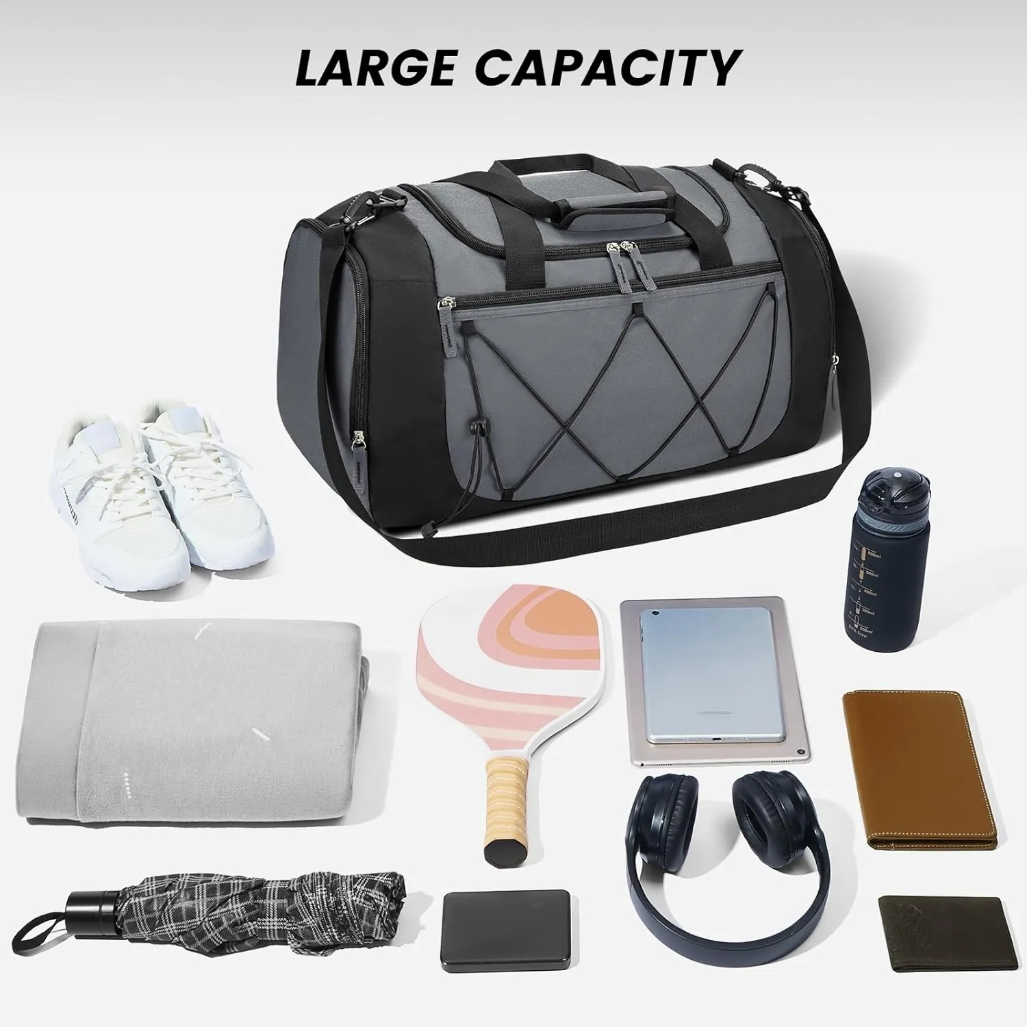 Vorspack Gym Bag for Men - 21 Inches Small Duffle Bag for Travel Lightweight Duffel Bag with Shoe Compartment Personal Item Travel Bag Weekender Bag for Travel Sports Gym - Grey