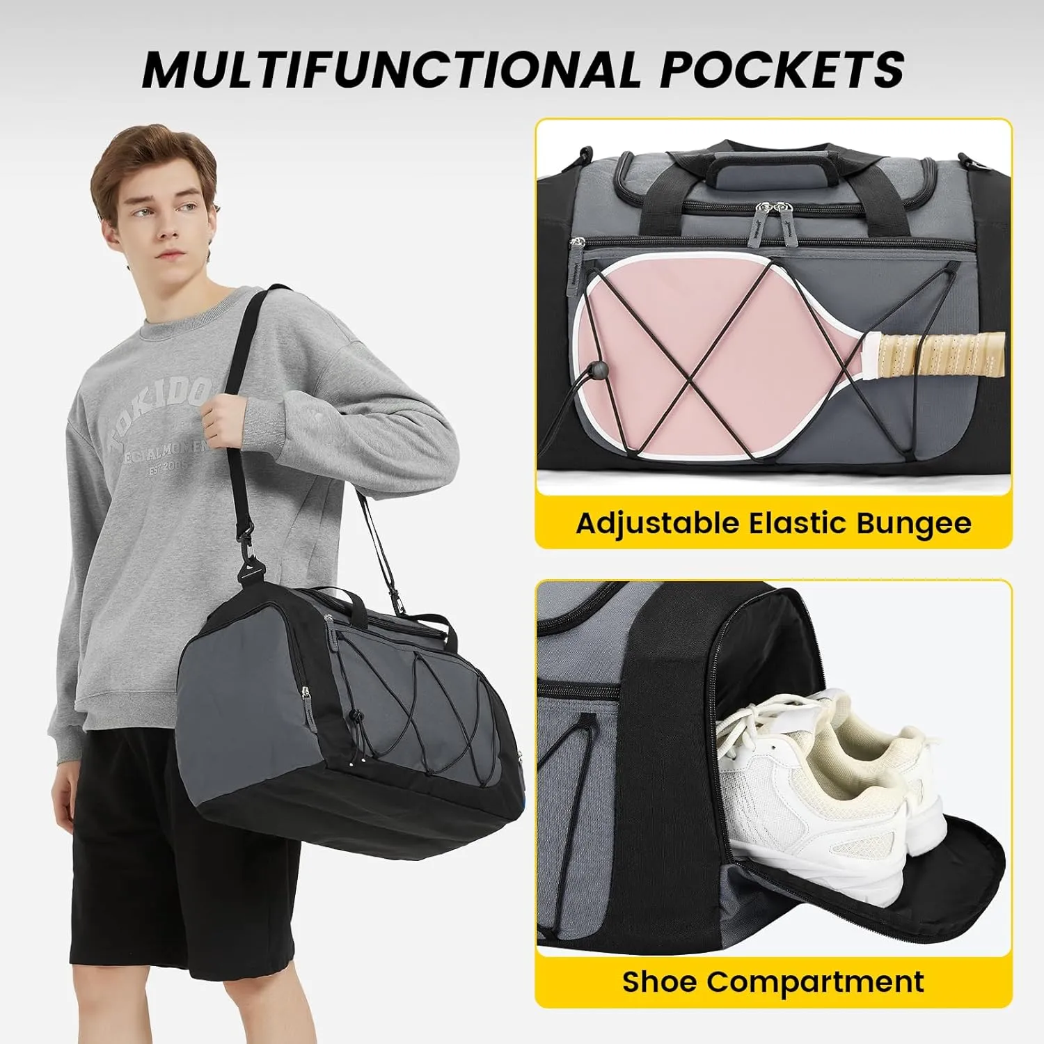 Vorspack Gym Bag for Men - 21 Inches Small Duffle Bag for Travel Lightweight Duffel Bag with Shoe Compartment Personal Item Travel Bag Weekender Bag for Travel Sports Gym - Grey