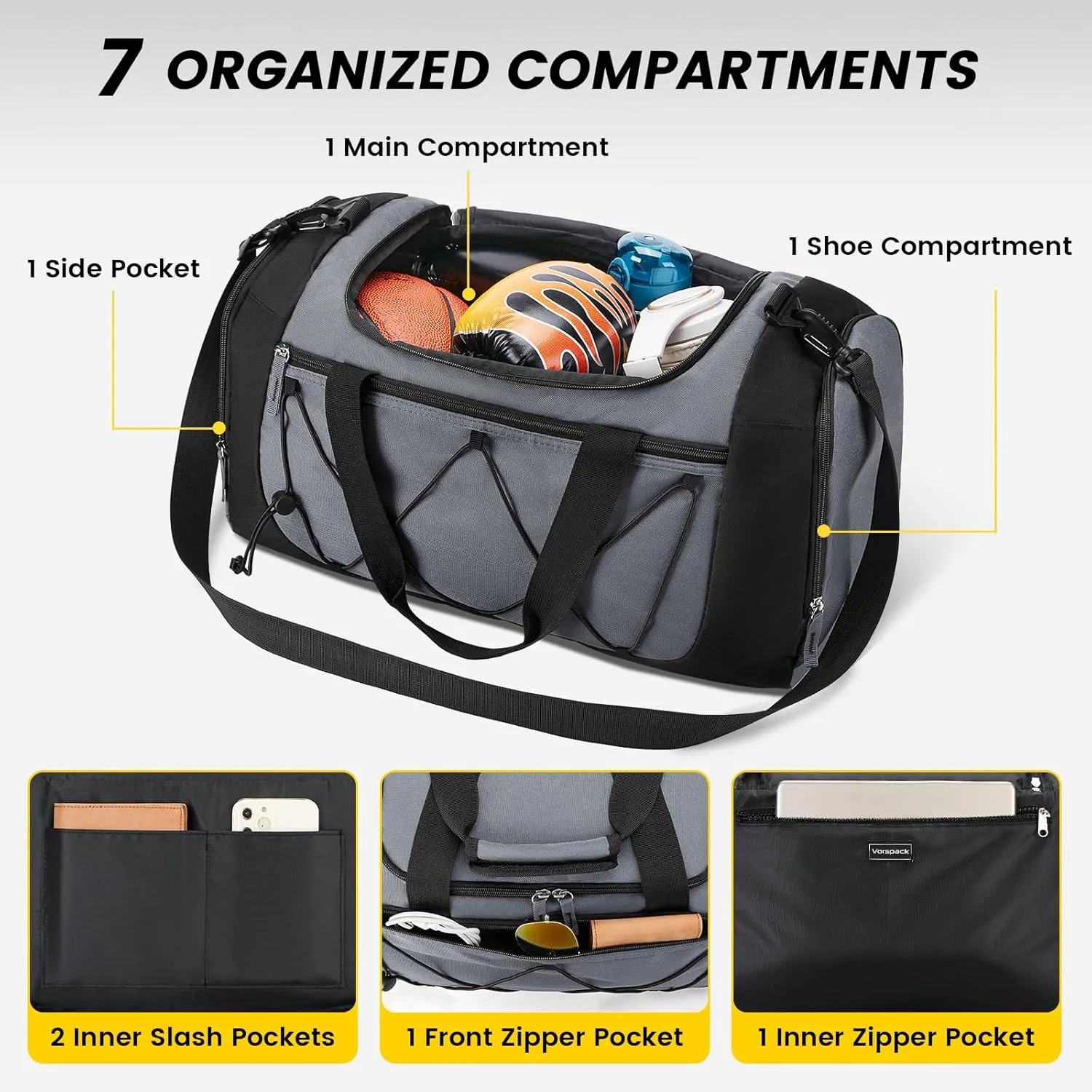 Vorspack Gym Bag for Men - 21 Inches Small Duffle Bag for Travel Lightweight Duffel Bag with Shoe Compartment Personal Item Travel Bag Weekender Bag for Travel Sports Gym - Grey