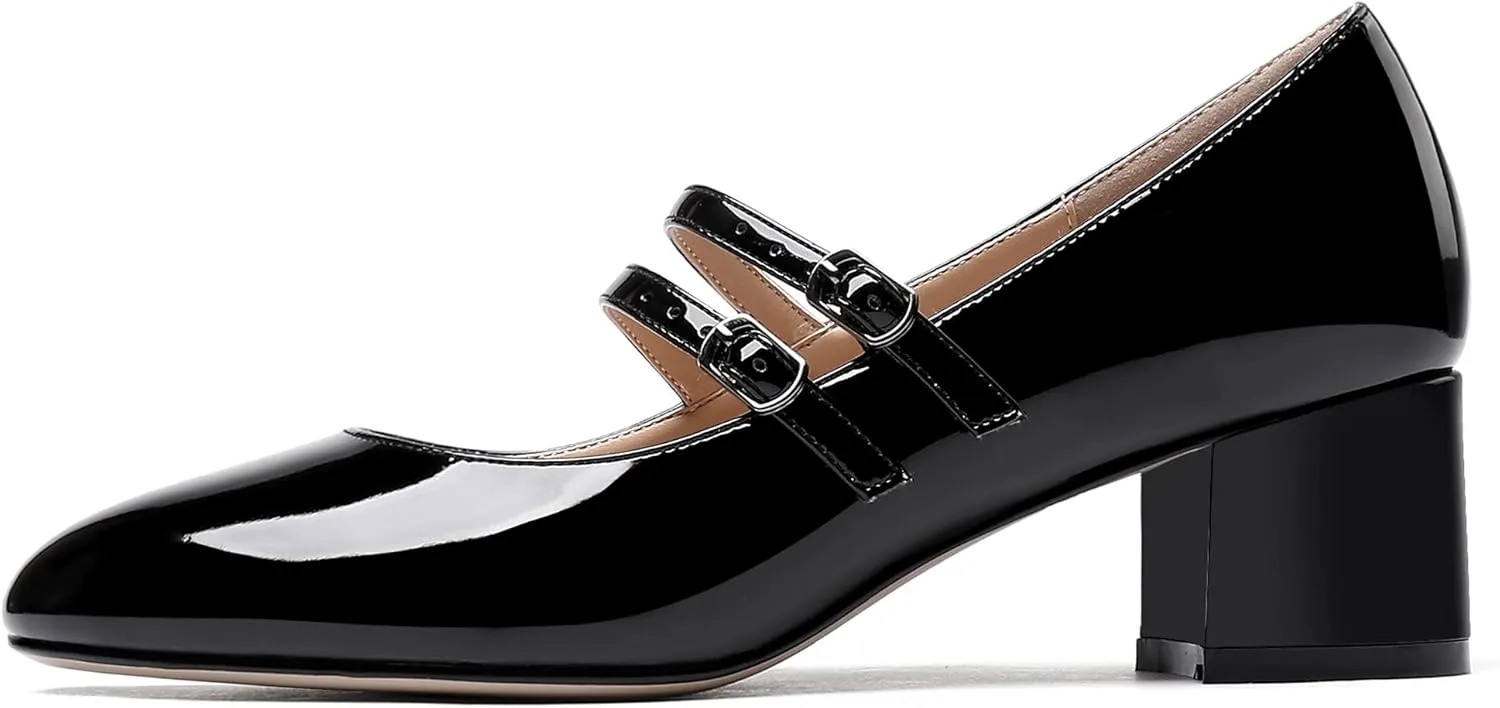 WAYDERNS Women's Adjustable Strap Mary Jane Round Toe Patent Low Chunky Heel Pumps Shoes 2 Inch