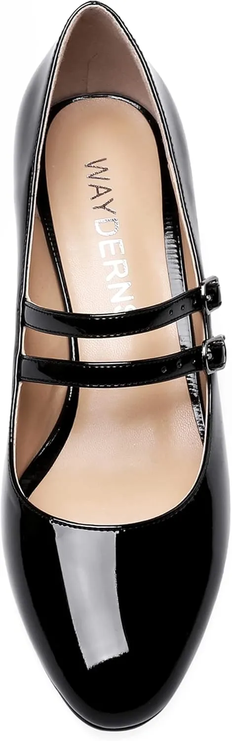 WAYDERNS Women's Adjustable Strap Mary Jane Round Toe Patent Low Chunky Heel Pumps Shoes 2 Inch