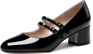 WAYDERNS Women's Adjustable Strap Mary Jane Round Toe Patent Low Chunky Heel Pumps Shoes 2 Inch