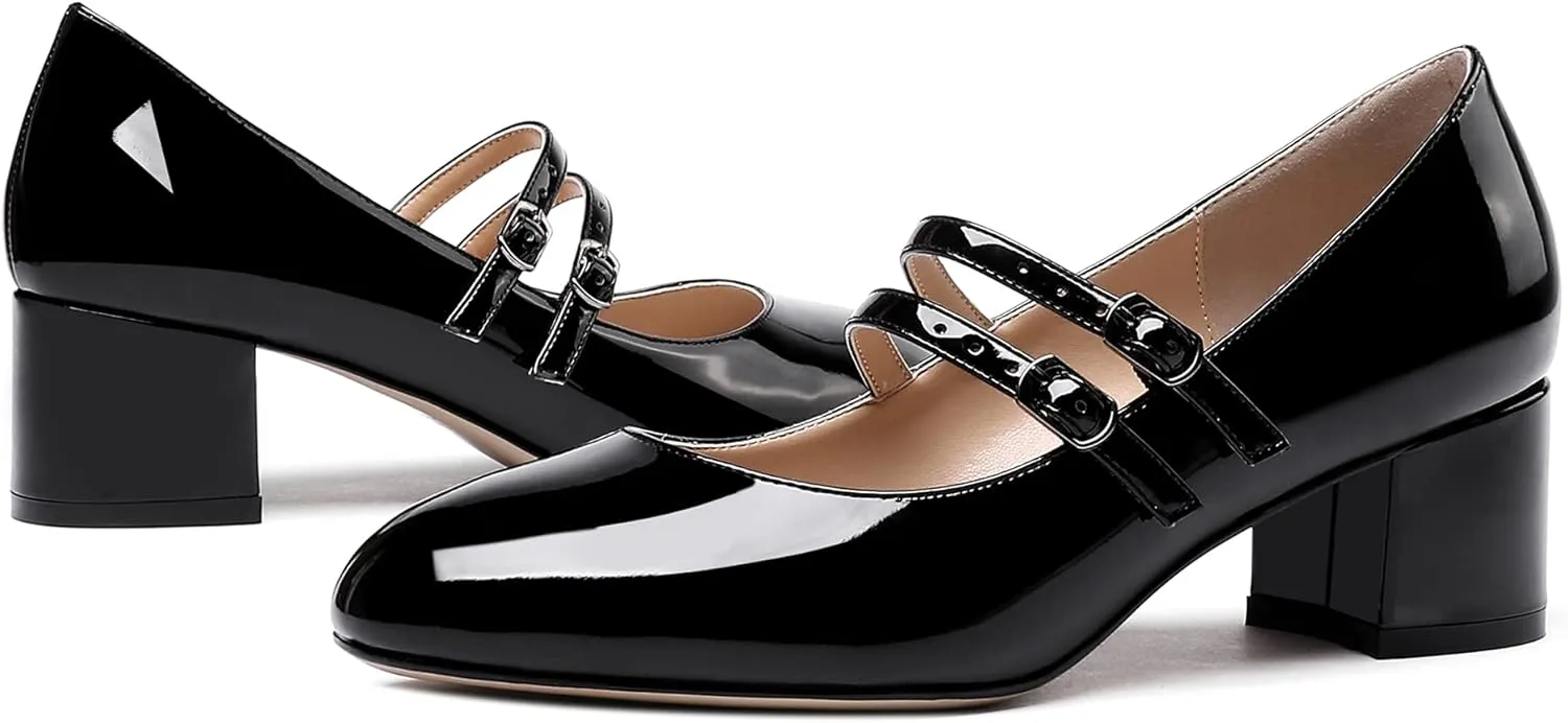 WAYDERNS Women's Adjustable Strap Mary Jane Round Toe Patent Low Chunky Heel Pumps Shoes 2 Inch