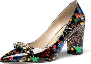 WAYDERNS Women's Gold Metal Chain Decoration Patent Pointed Toe Slip On Block High Heel Pumps Shoes 3.5 Inch