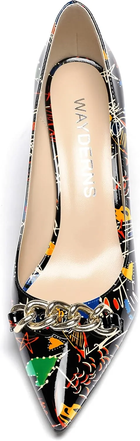 WAYDERNS Women's Gold Metal Chain Decoration Patent Pointed Toe Slip On Block High Heel Pumps Shoes 3.5 Inch