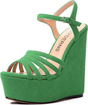 WAYDERNS Womens Party Sexy Open Toe Ankle Strap Slingback Suede Platform Buckle Solid Wedge High Heel Heeled Sandals 6 Inch