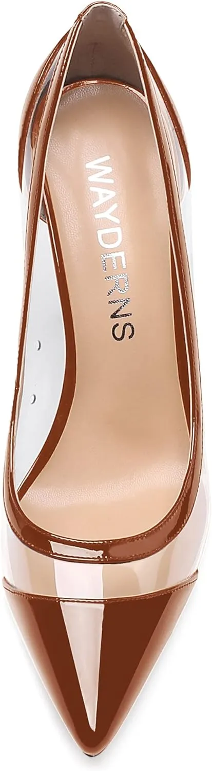 WAYDERNS Women's Pointed Toe Clear Patent Leather Transparent Slip On Stiletto High Heel Pumps Shoes 4 Inch