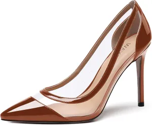 WAYDERNS Women's Pointed Toe Clear Patent Leather Transparent Slip On Stiletto High Heel Pumps Shoes 4 Inch
