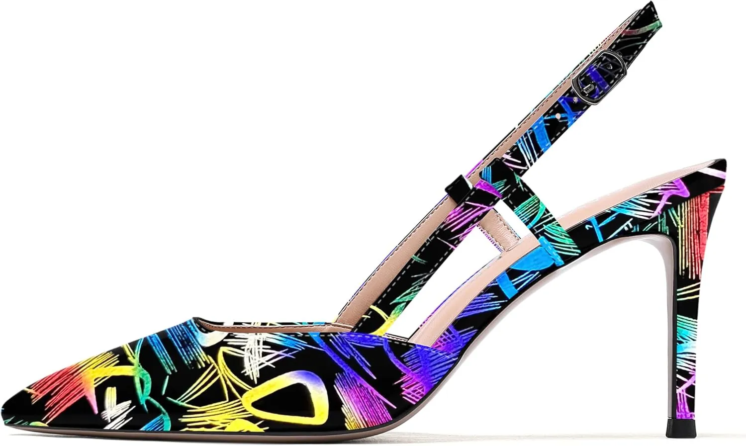 WAYDERNS Women's Solid Pointed Toe Buckle Slingback Ankle Strap Patent Leather Stiletto High Heel Pumps Shoes 3.5 Inch