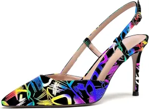 WAYDERNS Women's Solid Pointed Toe Buckle Slingback Ankle Strap Patent Leather Stiletto High Heel Pumps Shoes 3.5 Inch