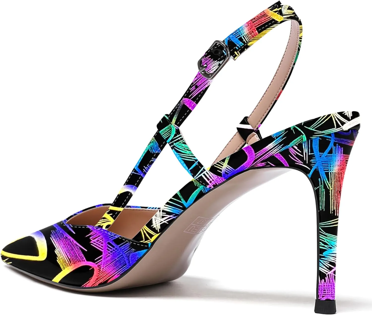 WAYDERNS Women's Solid Pointed Toe Buckle Slingback Ankle Strap Patent Leather Stiletto High Heel Pumps Shoes 3.5 Inch