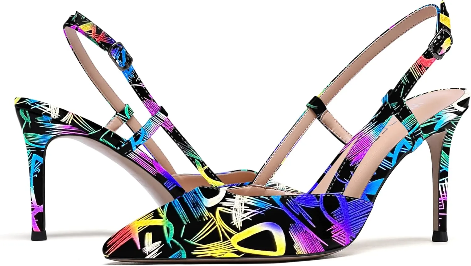 WAYDERNS Women's Solid Pointed Toe Buckle Slingback Ankle Strap Patent Leather Stiletto High Heel Pumps Shoes 3.5 Inch