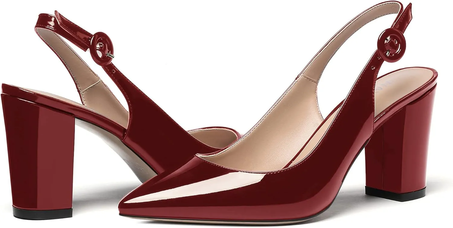 WAYDERNS Women's Thick Patent Solid Pointed Toe Slingback Buckle Ankle Strap Block High Heel Pumps Shoes 3 Inch