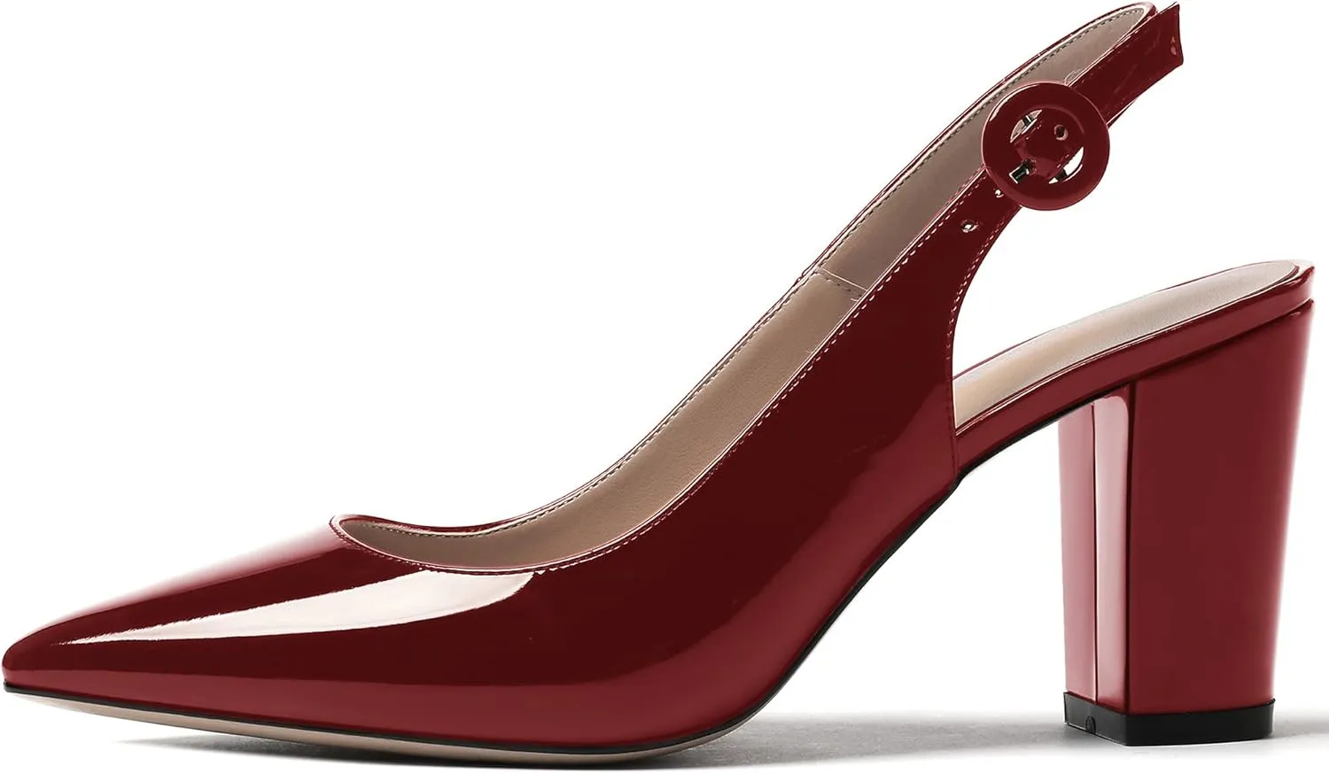 WAYDERNS Women's Thick Patent Solid Pointed Toe Slingback Buckle Ankle Strap Block High Heel Pumps Shoes 3 Inch