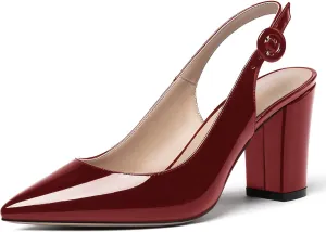 WAYDERNS Women's Thick Patent Solid Pointed Toe Slingback Buckle Ankle Strap Block High Heel Pumps Shoes 3 Inch