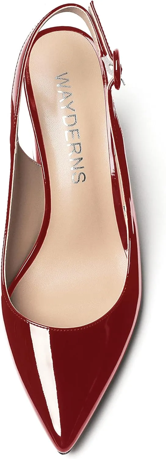 WAYDERNS Women's Thick Patent Solid Pointed Toe Slingback Buckle Ankle Strap Block High Heel Pumps Shoes 3 Inch
