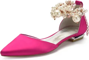 Wedding Bridal Shoes Beaded Ankle Strap Low Heels Women's Pumps Pointed Toe Closed Toe Sandal 2CM High Heels Satin Flats Elegant Formal,Rose red,9