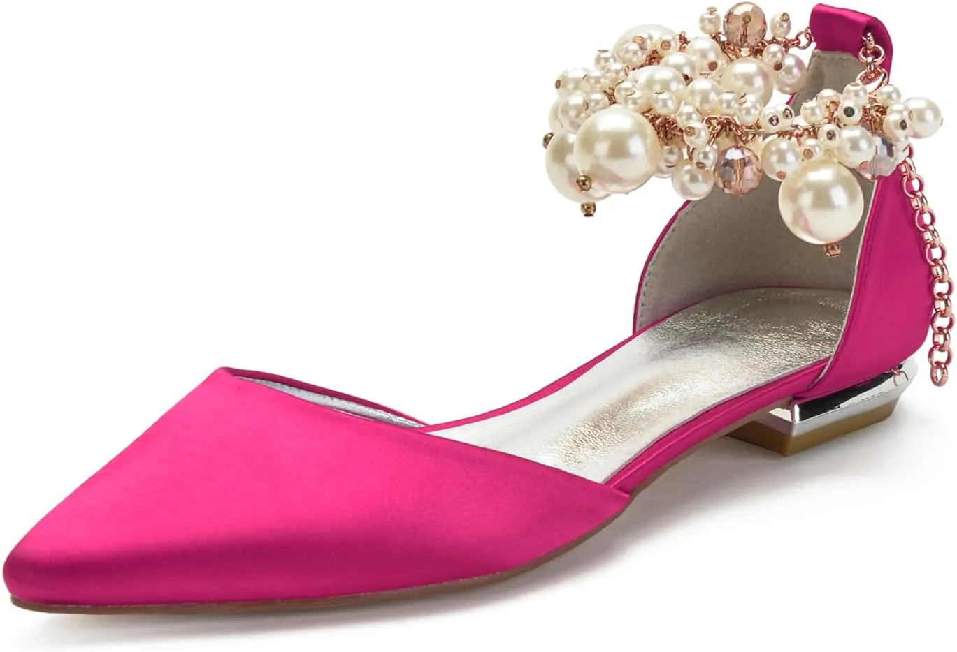 Wedding Bridal Shoes Beaded Ankle Strap Low Heels Women's Pumps Pointed Toe Closed Toe Sandal 2CM High Heels Satin Flats Elegant Formal,Rose red,9