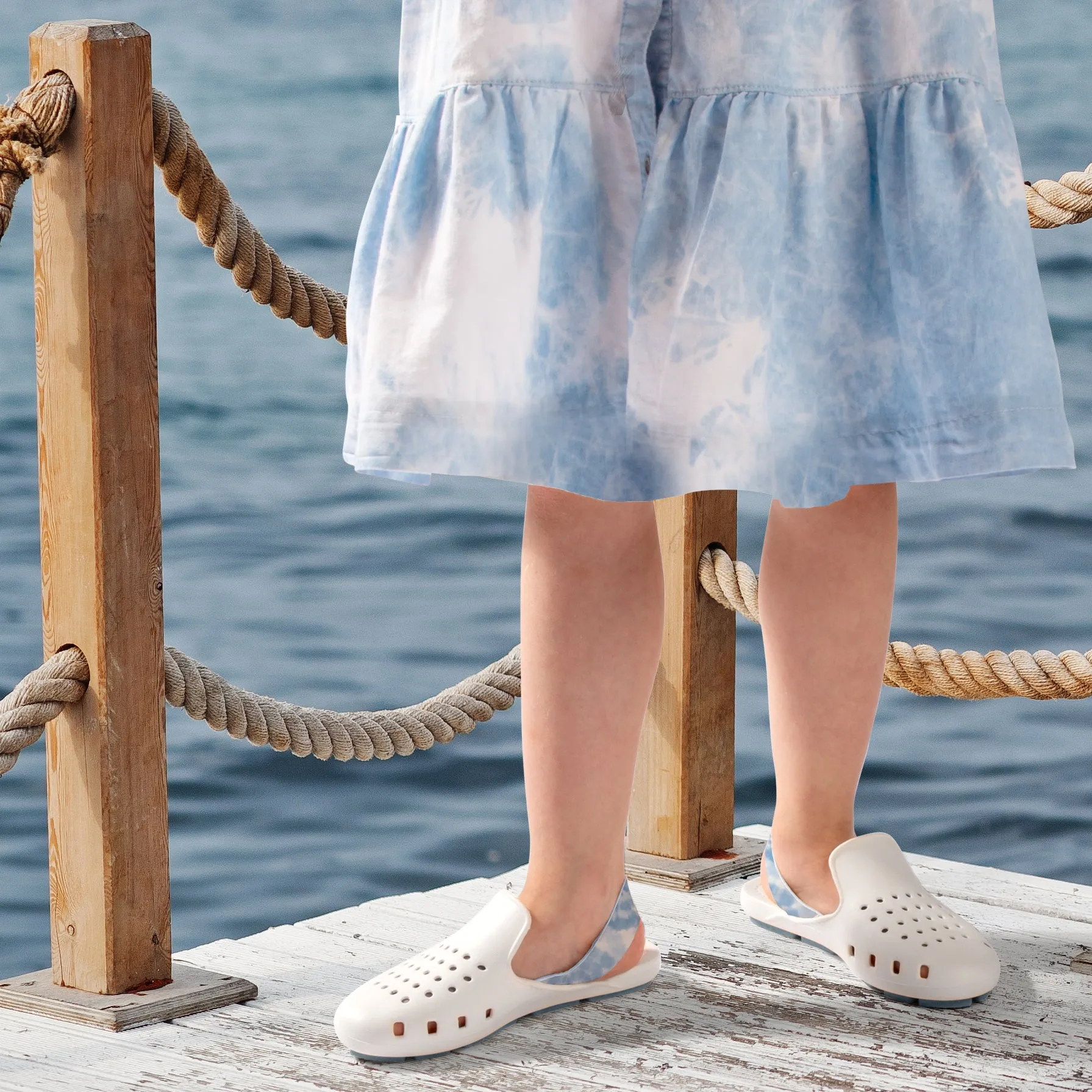 WHITE, BLUE TIE-DYE MULE SLINGERS <br><span style="font-size: 8px; font-weight: normal;"> White Slides Sandals Closed Toe Kids, Toddlers,  Girls Water Shoes Summer 2024