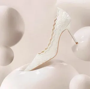 White Lace Fine Heel Pointed Women's Shoes Women's Wedding Party High Heels