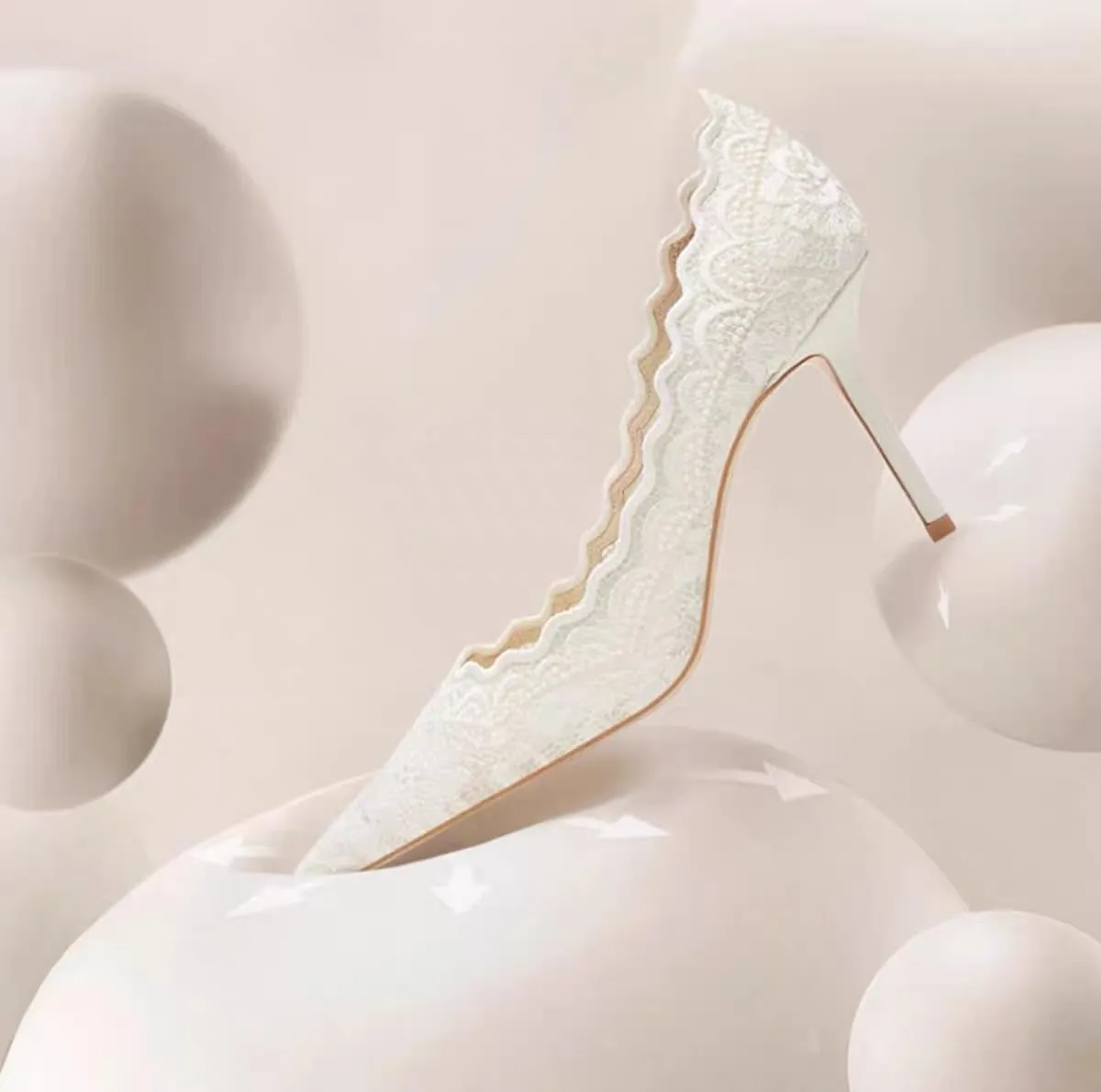 White Lace Fine Heel Pointed Women's Shoes Women's Wedding Party High Heels