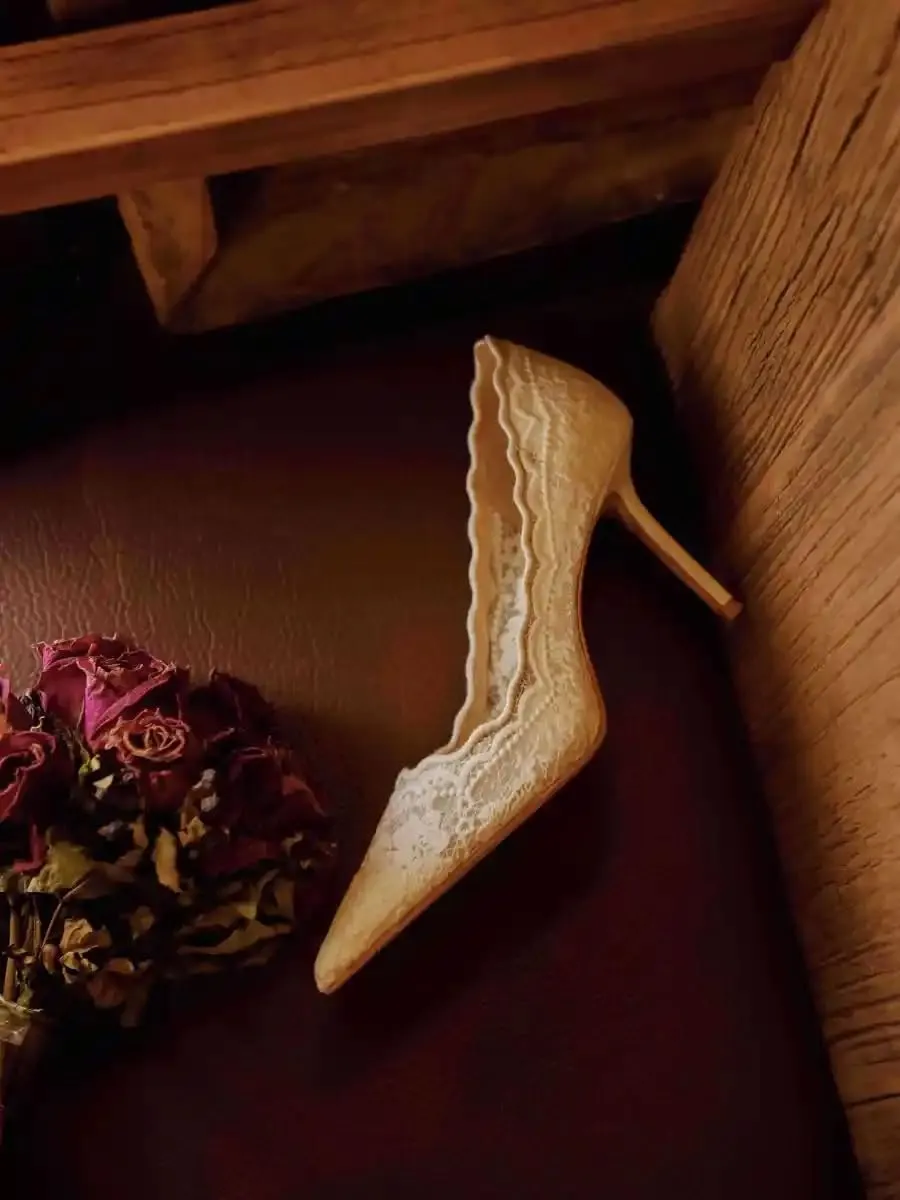 White Lace Fine Heel Pointed Women's Shoes Women's Wedding Party High Heels