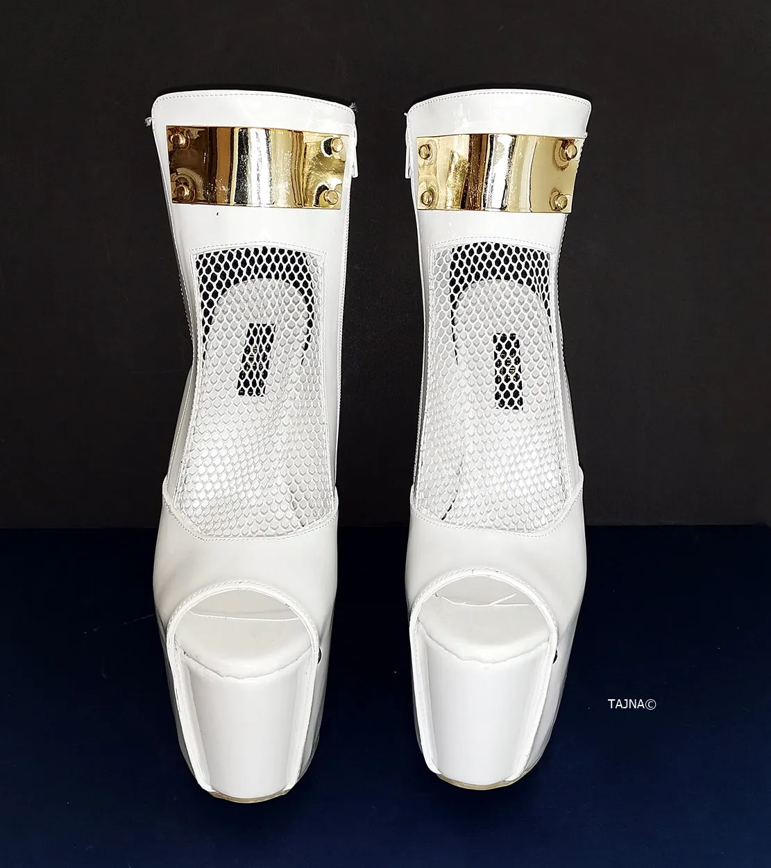 White Patent Fishnet Detail Designer Heels