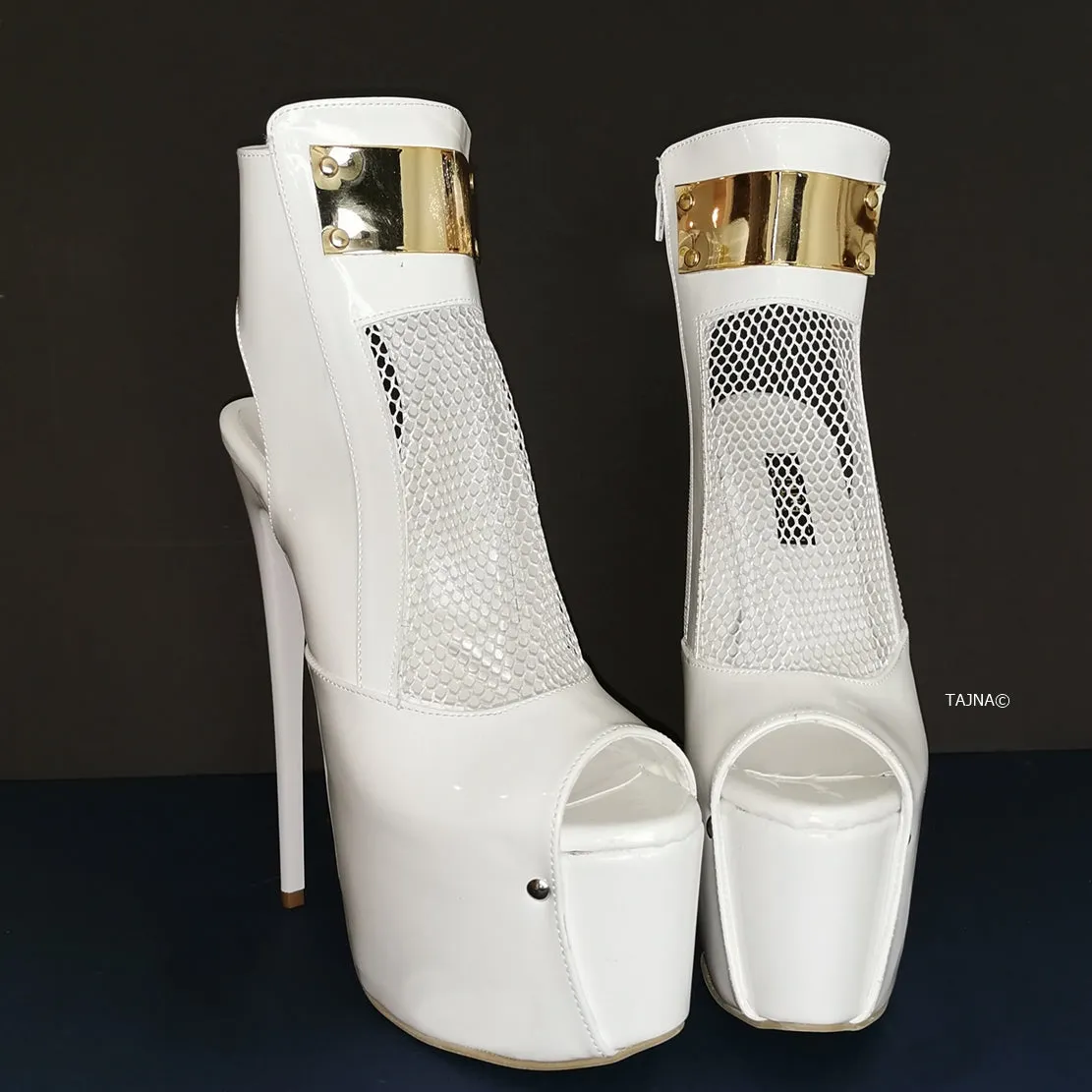 White Patent Fishnet Detail Designer Heels