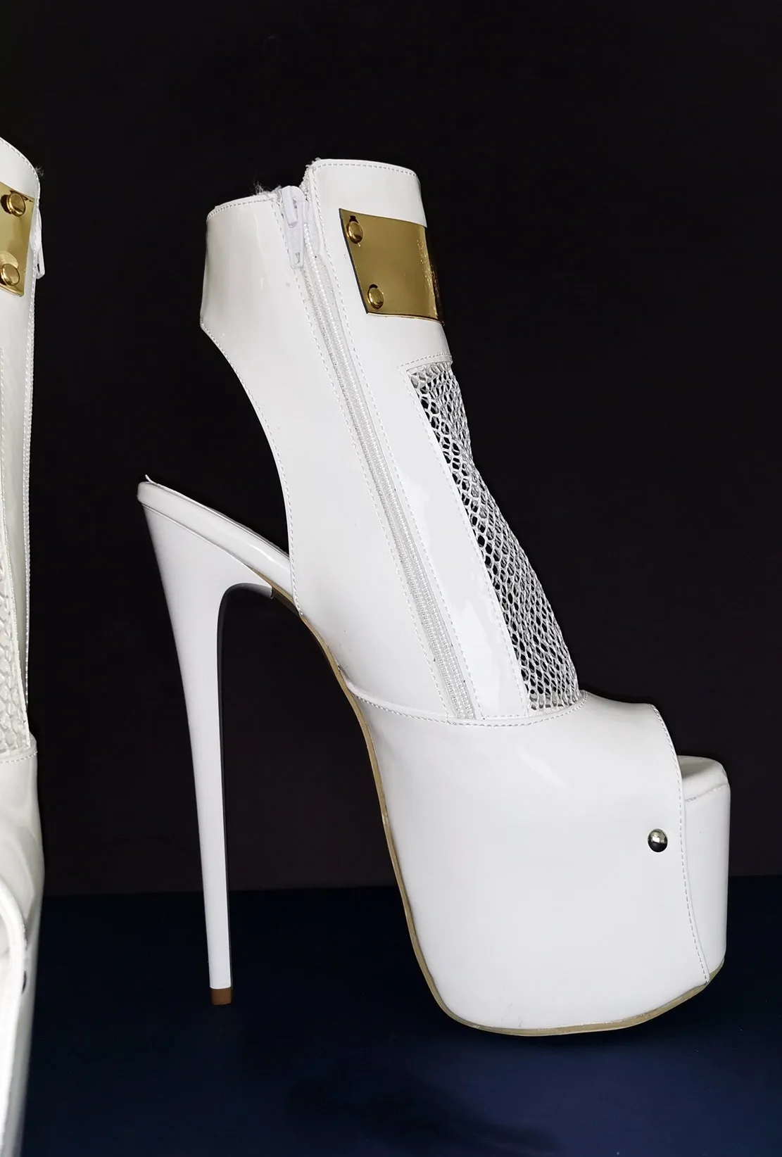White Patent Fishnet Detail Designer Heels