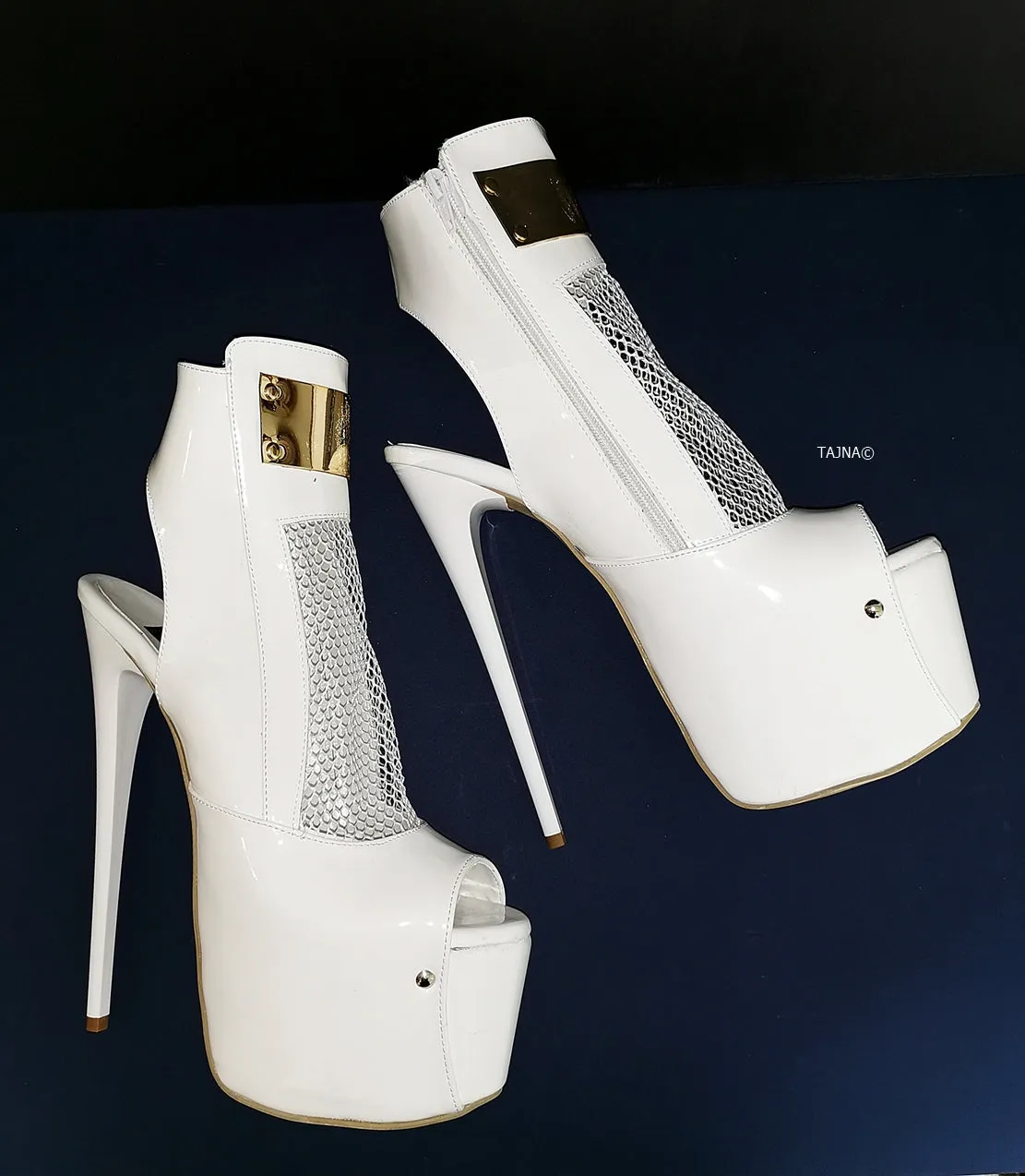 White Patent Fishnet Detail Designer Heels