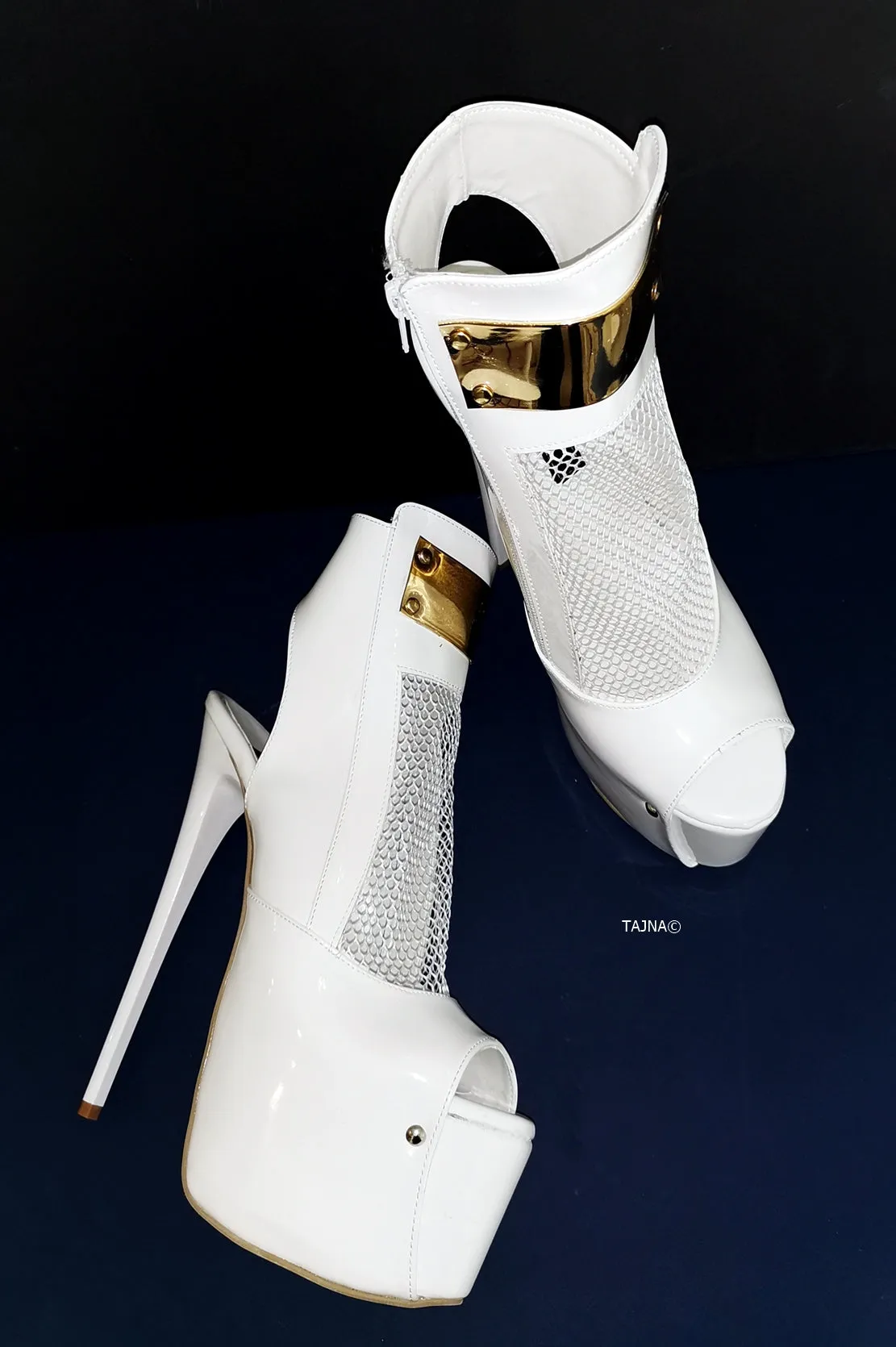White Patent Fishnet Detail Designer Heels