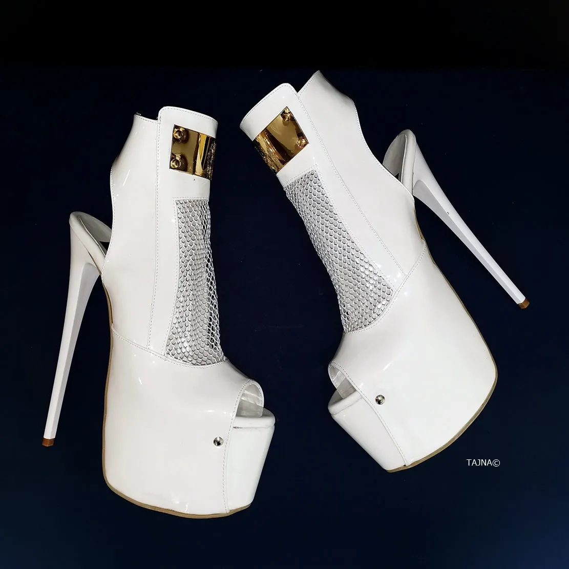 White Patent Fishnet Detail Designer Heels