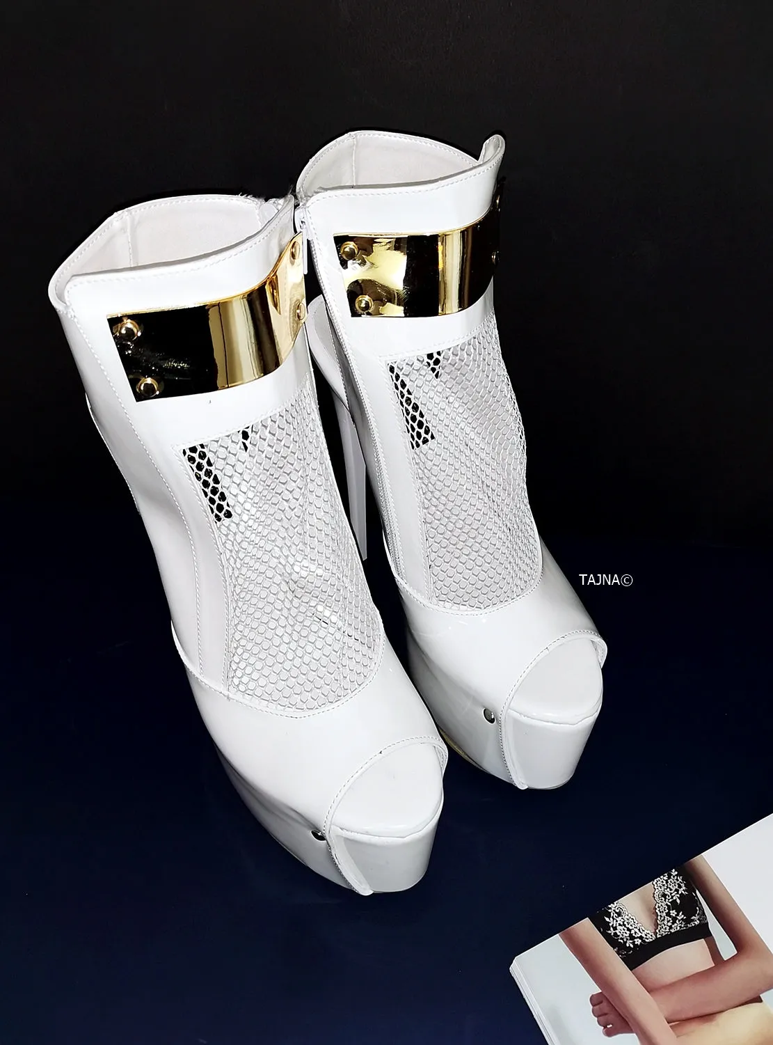 White Patent Fishnet Detail Designer Heels