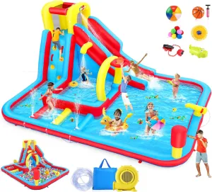 Whubefy Inflatable Water Slide for Kids with Water Obstacle Hurdles, 13x10FT Blow Up Water Park w/Slide/Deep Pool with Sprinkler/Large Splash Pool/Boxing Game/Climbing Wall/Basketball Rim/Water Cannon