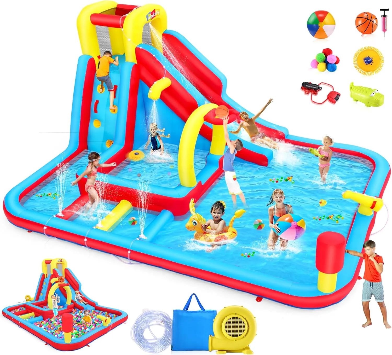 Whubefy Inflatable Water Slide for Kids with Water Obstacle Hurdles, 13x10FT Blow Up Water Park w/Slide/Deep Pool with Sprinkler/Large Splash Pool/Boxing Game/Climbing Wall/Basketball Rim/Water Cannon