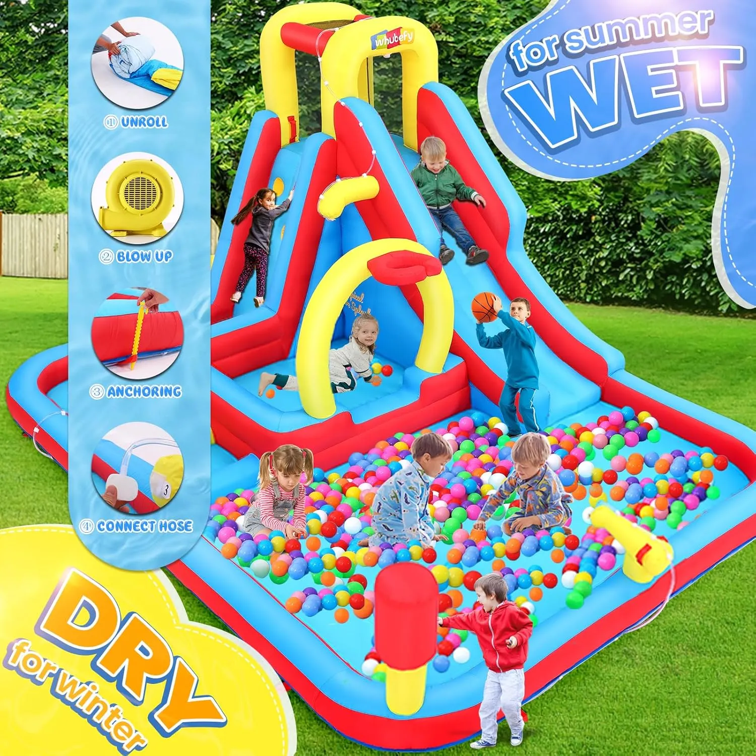 Whubefy Inflatable Water Slide Obstacle Course for Kids Backyard Blow Up Water Park with 3 Interactive Aqua Hurdles, Deep Pool with Sprinkler, Long Slide Large Splash Pool, Arch with Basketball Hoop