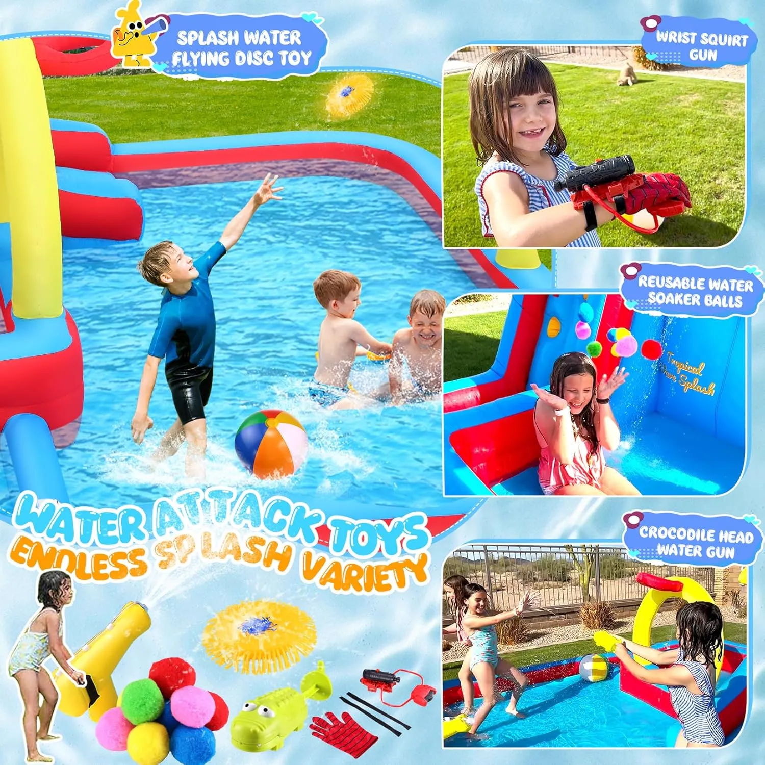 Whubefy Inflatable Water Slide Obstacle Course for Kids Backyard Blow Up Water Park with 3 Interactive Aqua Hurdles, Deep Pool with Sprinkler, Long Slide Large Splash Pool, Arch with Basketball Hoop