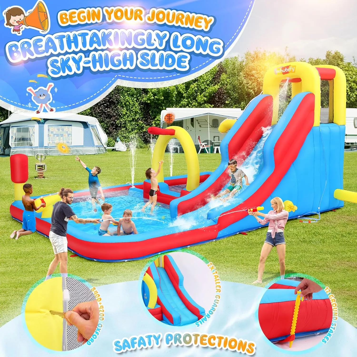 Whubefy Inflatable Water Slide Obstacle Course for Kids Backyard Blow Up Water Park with 3 Interactive Aqua Hurdles, Deep Pool with Sprinkler, Long Slide Large Splash Pool, Arch with Basketball Hoop