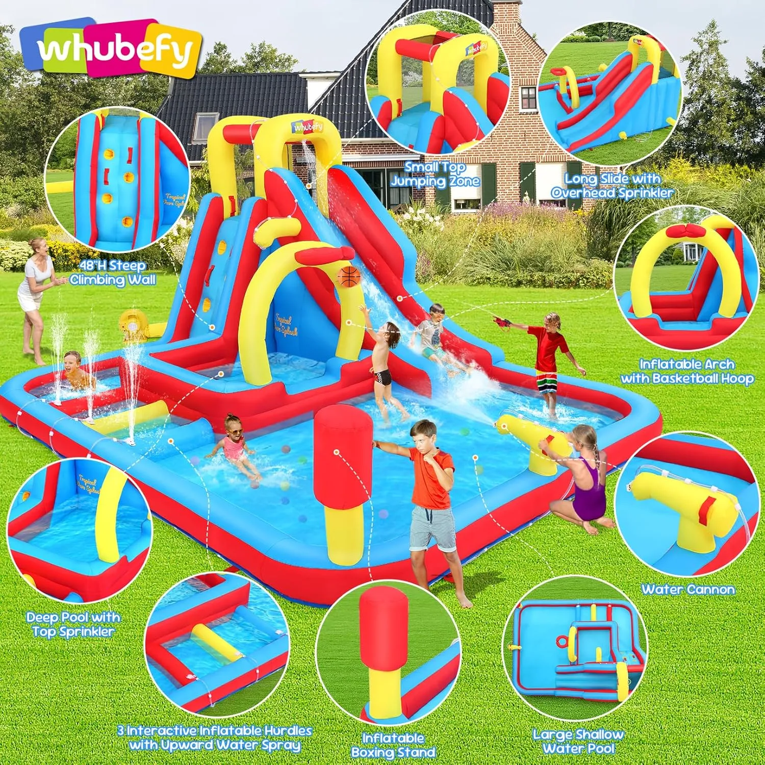 Whubefy Inflatable Water Slide Obstacle Course for Kids Backyard Blow Up Water Park with 3 Interactive Aqua Hurdles, Deep Pool with Sprinkler, Long Slide Large Splash Pool, Arch with Basketball Hoop
