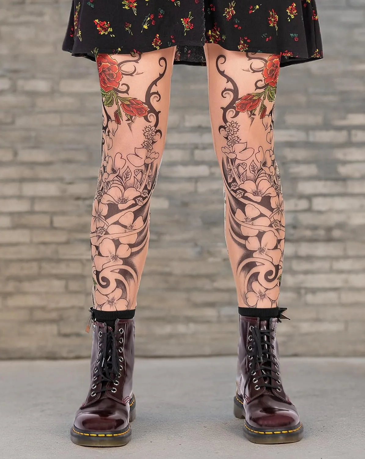Wild Rose Ladies Flamenco Tattoo Mesh Leggings Red Rose Blackwork, Tan