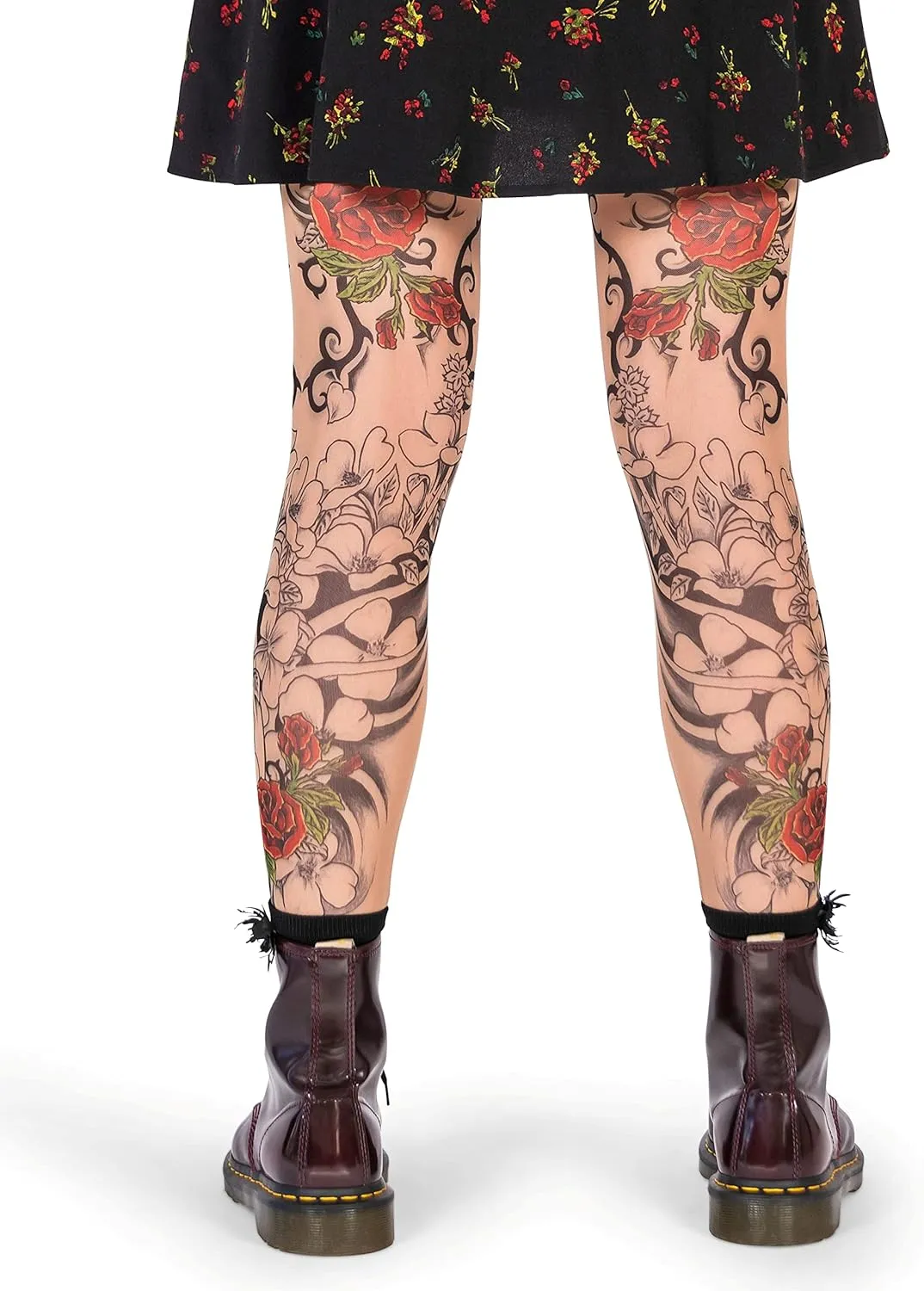 Wild Rose Ladies Flamenco Tattoo Mesh Leggings Red Rose Blackwork, Tan