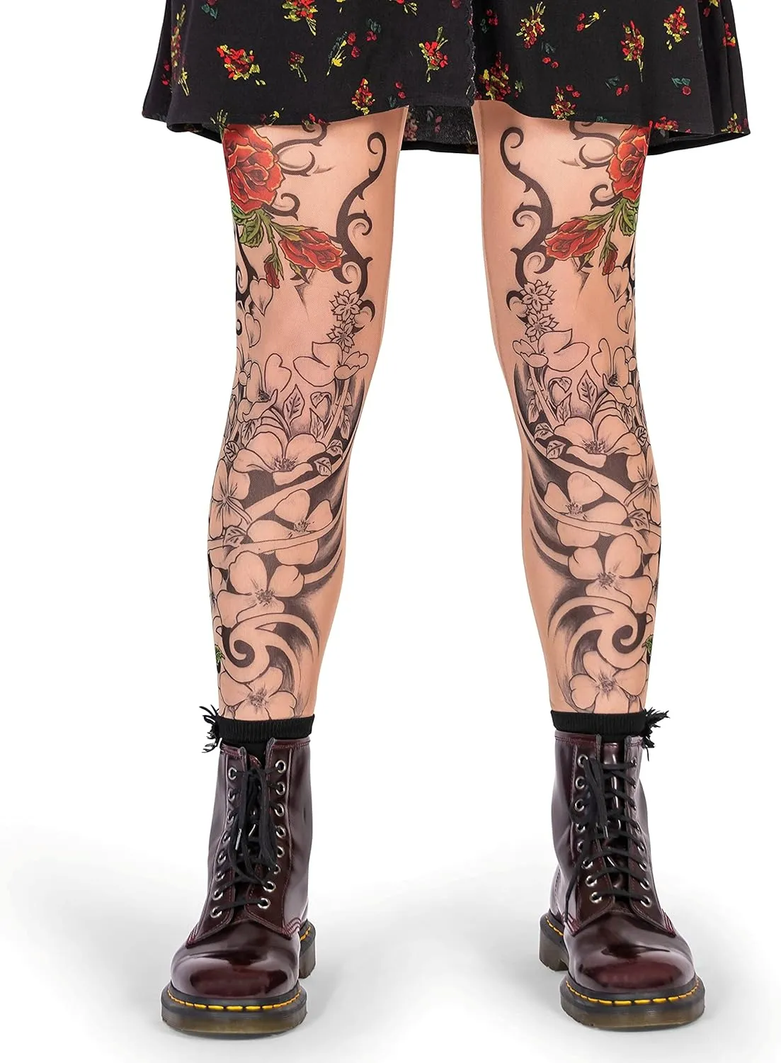 Wild Rose Ladies Flamenco Tattoo Mesh Leggings Red Rose Blackwork, Tan