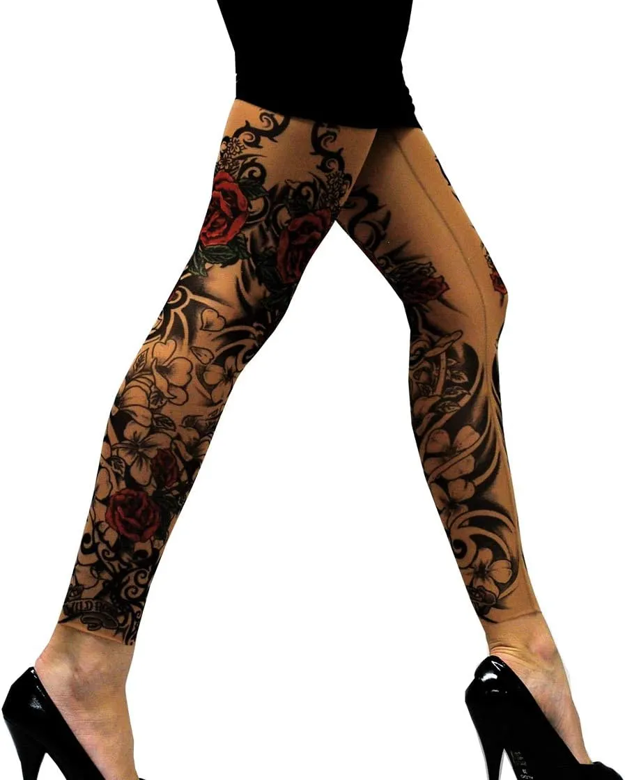 Wild Rose Ladies Flamenco Tattoo Mesh Leggings Red Rose Blackwork, Tan